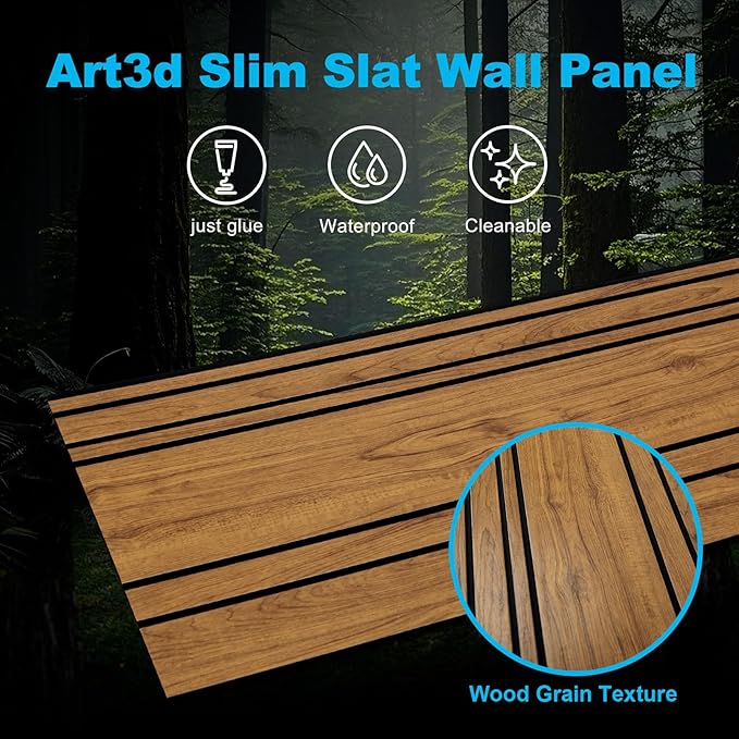 Art3d 4-Pack Glue-On Wall Panels, Wood Grain Texture Interior Wall Decor, 104"x12" Recycled Polystyrene Wainscoting Panels, Low Emission for Living Room Bedroom,Natural Teak