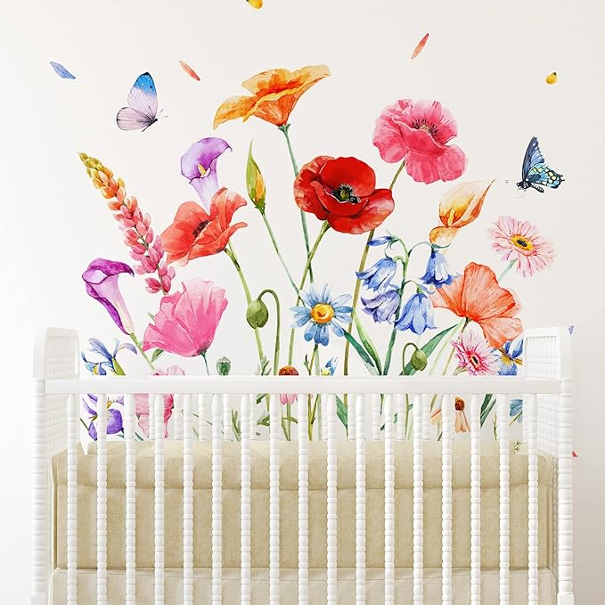 Zonon 6 Pcs Flowers Wall Decals Stickers Vinyl Removable Peel and Stick Colorful Dragonflies Floral Wall Murals Decor for Bedroom Living Room Nursery(Exquisite)