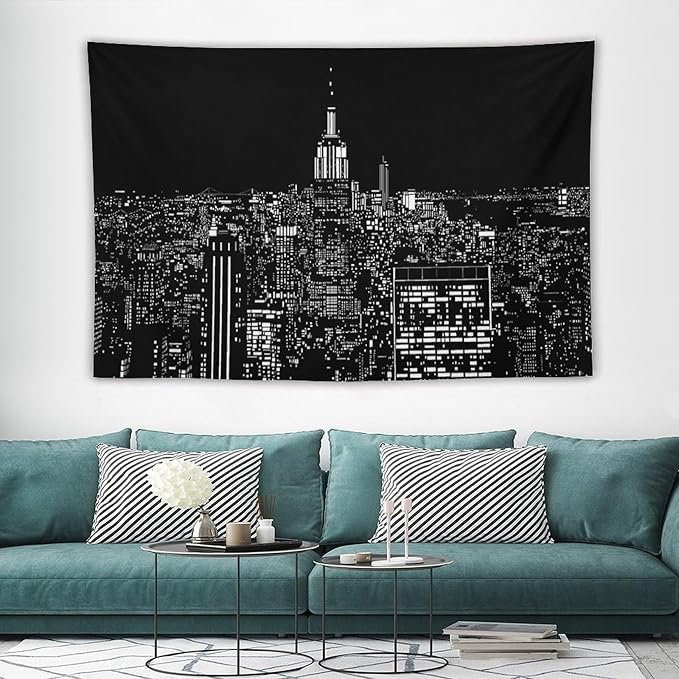 ZhiRain New York Tapestry Wall Hanging Black White Modern Night City Light Tapestries Home Decor for Living Room Bedroom Apartment Farmhouse Dorm 60"x90"