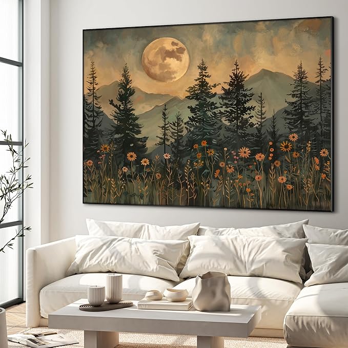 46"x60" XL Framed Wall Art - Enchanted Forest Nightscape with Moon Nature (Frame Assembly Required)