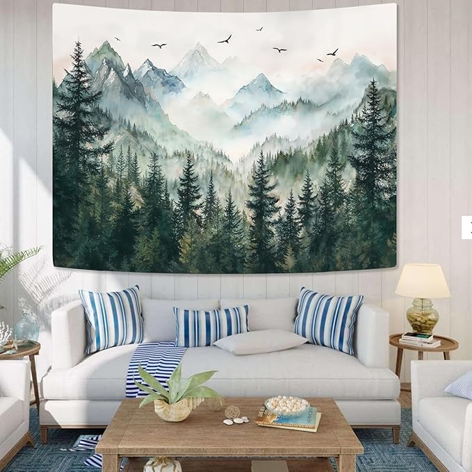 Zussun Misty Forest Mountain Tapestry Sage Green Nature Pine Tree Tapestry for Bedroom Aesthetic Watercolor Foggy Woodlands Birds Landscape Tapestries Wall Hanging for Living Room Dorm 48 x 36 Inch