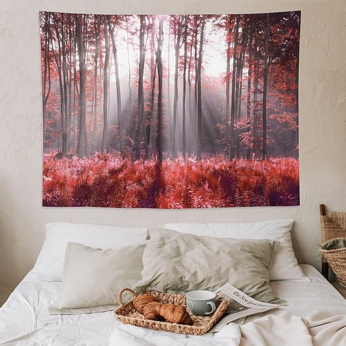 ZhiRain Red Forest Tapestry Wall Hanging Season Foggy Nature And Enchanted Woods Wild Trees Print Tapestries Home Decor for Living Room Bedroom Apartment Farmhouse Dorm 60"x80"