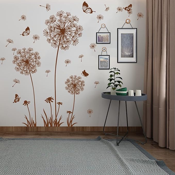 2 Sheets Dandelion Wildflower Wall Decals Art, Wall Art Stickers Peel and Stick Floral Butterflies Flying Decor for Girls Kids Women Baby Nursery Living Room Bedroom Bathroom Hallway Stairwell (Brown)