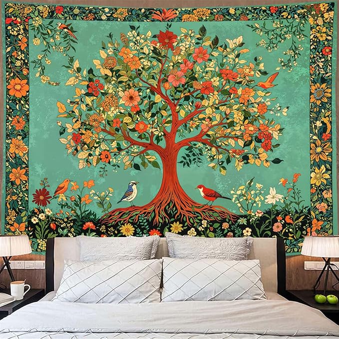 Zussun Boho Tree of Life Tapestry Vintage Nature Green Pink Plant Floral Flowers Leaves Birds Tapestries for Bedroom Aesthetic Retro Indian Tapestry Wall Hanging for Dorm Living Room 90 x 68 Inch