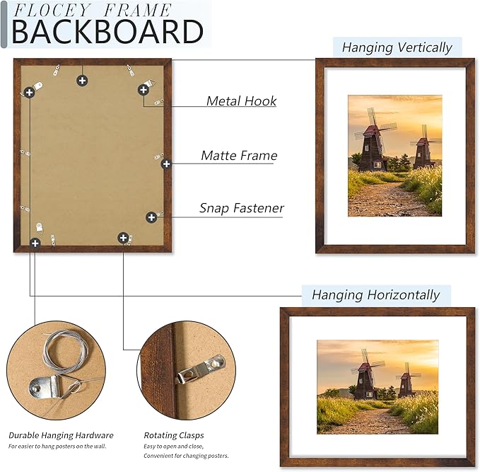 16x20 Picture Frame 5 Pack, Rustic Brown Poster Frame, Display Pictures 11 x 14 with Mat or 16 x 20 Without Mat for Horizontal or Vertical Wall Mounting, Wall Gallery Frame for Artwork Certificate