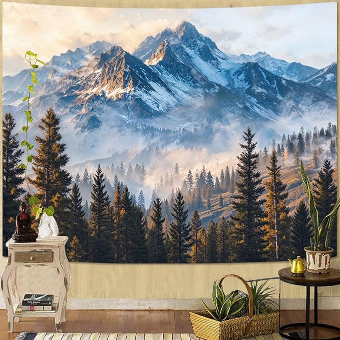 Zussun Nature Forest Mountain Tapestry Misty Pine Tree Woodland Wall Tapestry for Bedroom Aesthetic Snowy Mountain Landscape Large Tapestries Wall Hanging for Dorm Living Room Decor 90 x 68 Inch