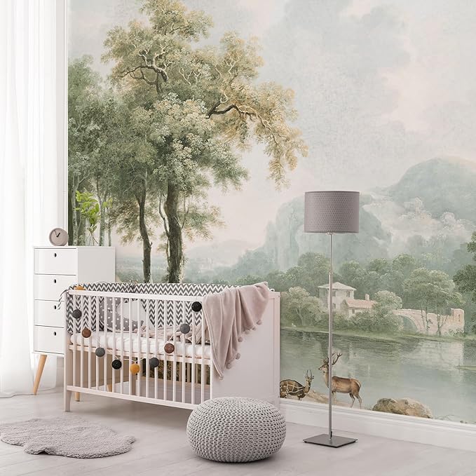 Zeeko Vintage Forest Wall Mural Peel and Stick 148"x98" Canvas Waterproof Self-Adhesive Removable Wallpaper for Bedroom Living Room Green Countryside Landscape Wall Art Decor