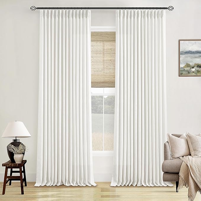 86 Inch Pinch Pleated Linen Curtains 2 Panels for Living Room Bedroom Memory Training Shaped Semi Sheer Pleat Drapes with Hooks Rings Light Filtering Window Curtain 40x86 Beige White
