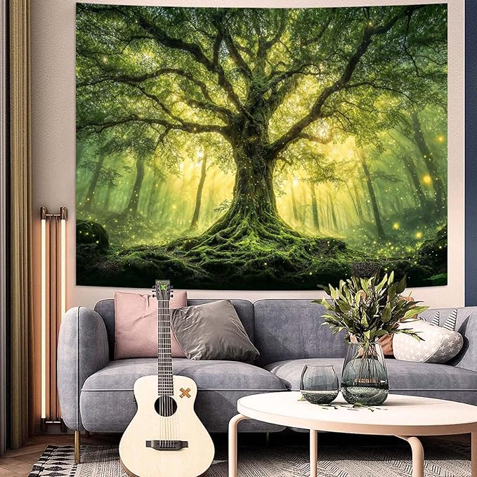 Zussun Green Tree of Life Tapestry Fantasy Fairy Forest Wall Tapestry for Bedroom Aesthetic Nature Misty Woodland Small Tapestries Wall Hanging for Dorm Living Room Decor 60 x 44 Inch