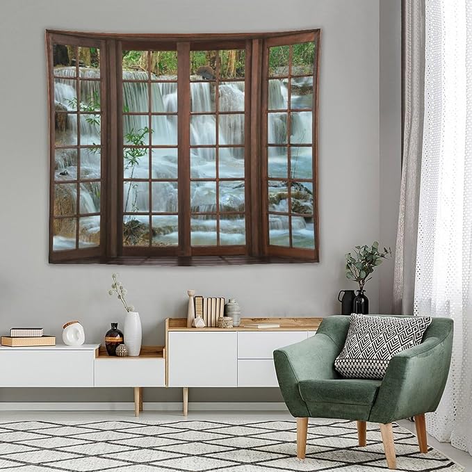 ZhiRain Nature Waterfall Landscape Tapestry Wall Hanging Forest Bamboo Garden Jungle Stream Scenery Tapestries Home Decor for Living Room Bedroom Apartment Farmhouse Dorm 50"x60"