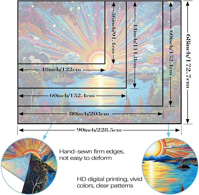 Zussun Hippie Sun Tapestry Boho Vintage Sunrise Nature Tree Lake Wall Tapestry for Bedroom Aesthetic Colorful Landscape Large Tapestries Wall Hanging for Dorm Living Room Decor 80 x 60 Inch