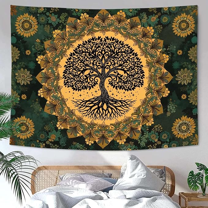 Zussun Tree of Life Tapestry Vintage Boho Mandala Tapestries for Bedroom Aesthetic Retro Bohemian Green Yellow Plant Floral Flowers Leaves Tapestry Wall Hanging for Dorm Living Room 60 x 44 Inch