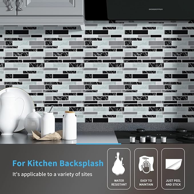 Art3d 11.8"x 11.8" Peel and Stick Vinyl Tiles, Self Adhesive Removable Stick On Kitchen Backsplash, Marble Black (10-Sheet)