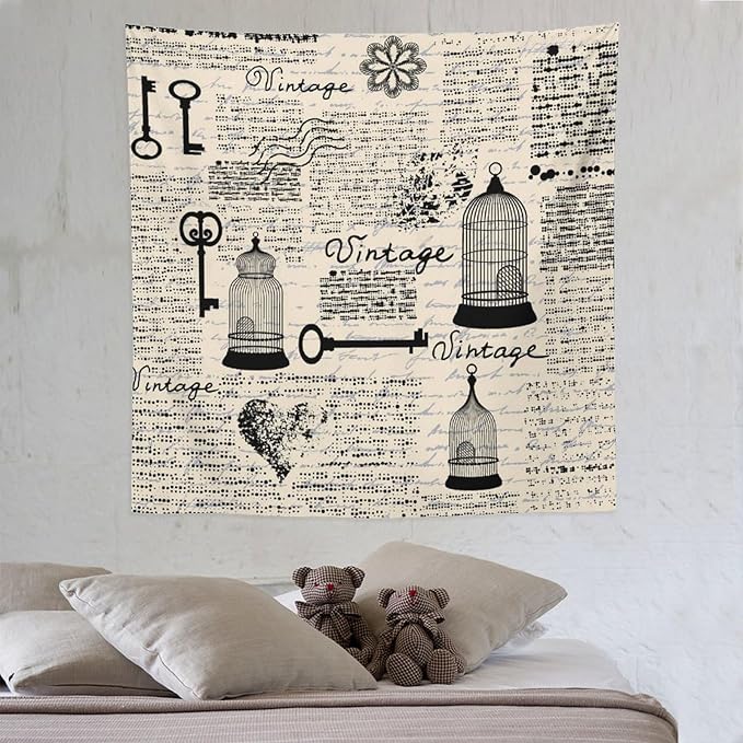 ZhiRain Old Newspaper Tapestry Wall Hanging Bird Cages Grunge Retro Pattern Keys Heart Shapes And Flower Tapestries Home Decor for Living Room Bedroom Apartment Farmhouse Dorm 60"x60"