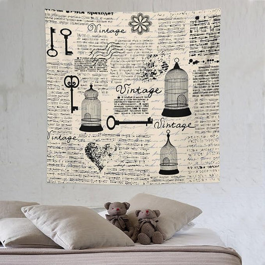 ZhiRain Old Newspaper Tapestry Wall Hanging Bird Cages Grunge Retro Pattern Keys Heart Shapes And Flower Tapestries Home Decor for Living Room Bedroom Apartment Farmhouse Dorm 60"x60"