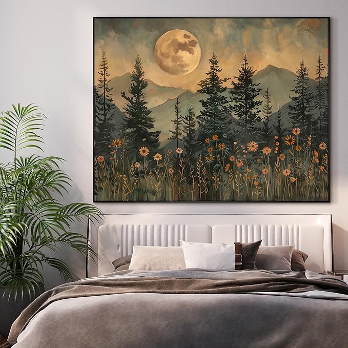 46"x60" XL Framed Wall Art - Enchanted Forest Nightscape with Moon Nature (Frame Assembly Required)