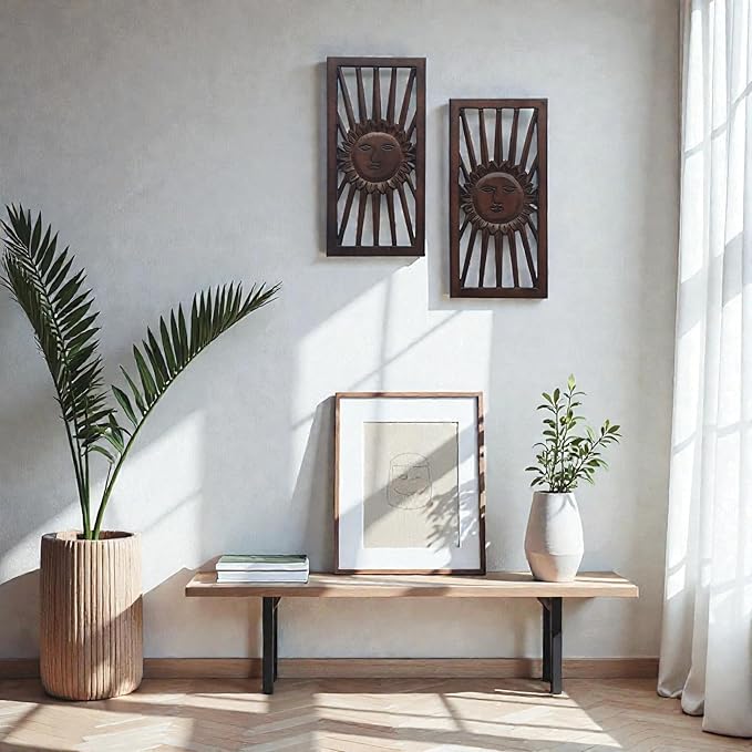 Wood Wall Art -Wall Panels in Handcrafted Carved Wood For Livingroom Bedroom,Dining room,Elegant Decorative Wall Art for Home & Office 8x16" Set of 2 Burnt Brown_Sun Burst Designs