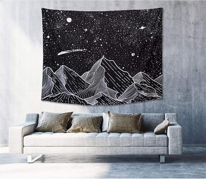 Zussun Black and White Tapestry Starry Night Mountain Tapestries for Bedroom Aesthetic Moon and Stars Tapastry's Wall Hanging Dark Nature Forest Wall Tapestry for Living Room Dorm (Dark, 60'' × 50'')