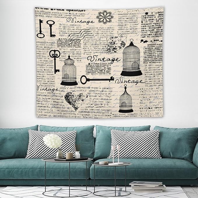 ZhiRain Old Newspaper Tapestry Wall Hanging Bird Cages Grunge Retro Pattern Keys Heart Shapes And Flower Tapestries Home Decor for Living Room Bedroom Apartment Farmhouse Dorm 50"x60"