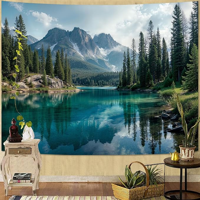 Zussun Nature Forest Mountain Tapestry Green Emerald Lake Pine Tree Tapestry for Bedroom Aesthetic Snowy Peaks Landscape Small Tapestries Wall Hanging for Dorm Living Room Decor 60 x 44 Inch