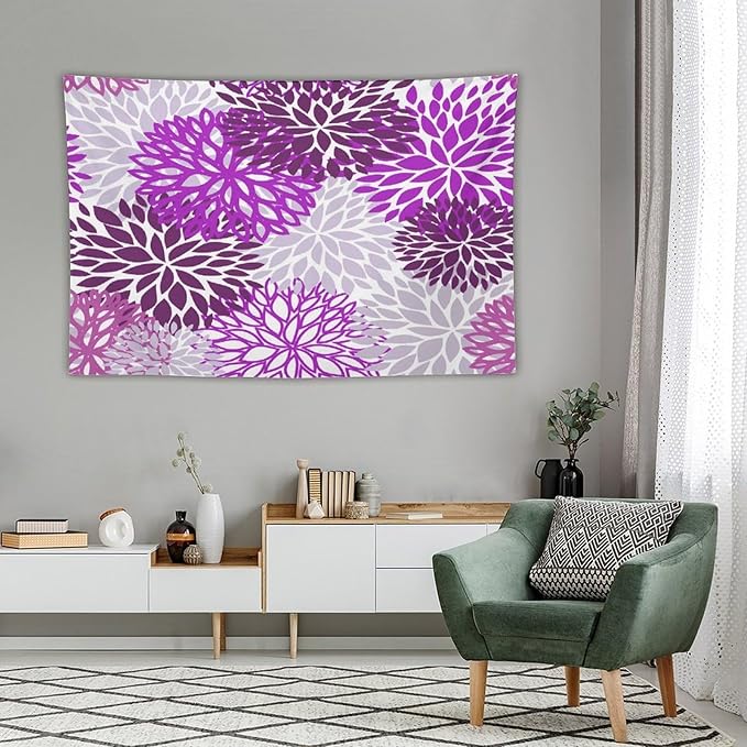ZhiRain Dahlia Flower Tapestry Wall Hanging Purple Abstract Floral Chrisanthemum Pattern Tapestries Home Decor for Living Room Bedroom Farmhouse Apartment Dorm 60"x90"