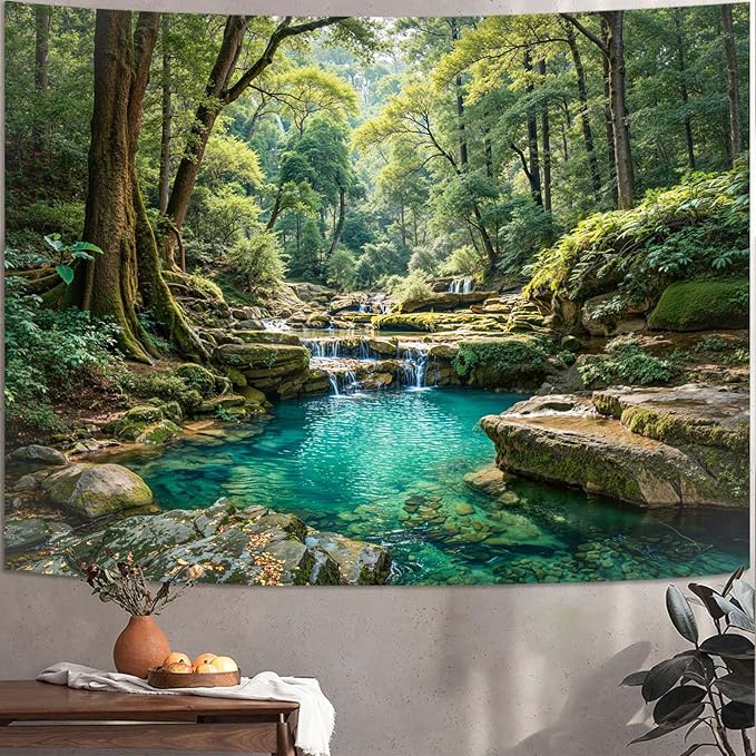 Zussun Nature Forest Tapestry Green Tree Wall Tapestry for Bedroom Aesthetic Plant Stream Pool Landscape Large Tapestries Wall Hanging for Dorm Living Room Decor 90 x 68 Inch