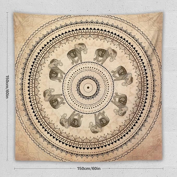 AAVEUP Indian Hippie Bohemian Psychedelic Tapestry Bohemian Brown Abstract Geometric Mandala Flower Vintage Elephant Texture Tapestries for Bedroom Dorm Living Room Decor 60x60in