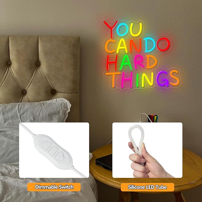 You Can Do Hard Things Neon Sign,Motivational LED Signs for Wall Decor,USB Powered Dimmable Neon Light for Classroom Office Library Kids Wall Art Bedroom Game Room Birthday Party Backdrop Decoration