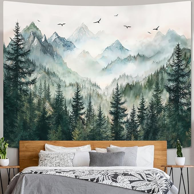 Zussun Misty Forest Mountain Tapestry Sage Green Nature Pine Tree Tapestry for Bedroom Aesthetic Watercolor Foggy Woodlands Birds Landscape Tapestries Wall Hanging for Living Room Dorm 90 x 68 Inch