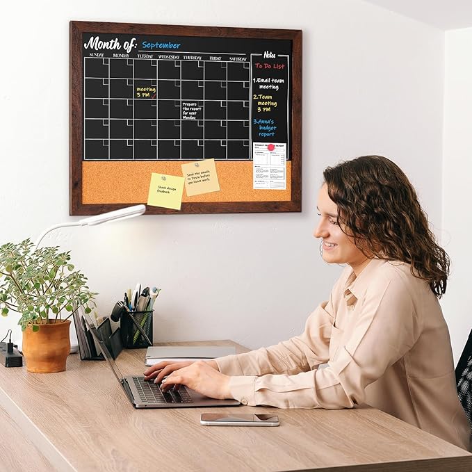 4 THOUGHT Chalkboard Calendar Corkboard Combo, 18" x 24" Bulletin Board Magnetic Calendar Chalkboard for Wall Combination Board Monthly Planner Rustic Brown Frame 4 Markers 8 Magnets 10 Pushpins