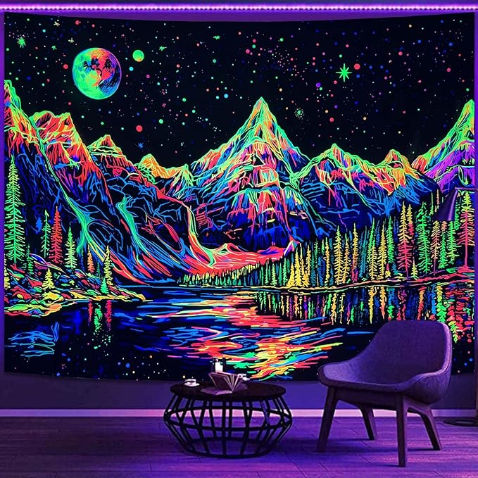 Zussun Blacklight Mountain Forest Tapestry for Bedroom Aesthetic Hippie Pine Tree River Lake Tapestries Wall Hanging Glow in The Dark Moon and Stars Wall Tapestry for Living Room Dorm 80 × 60 Inch