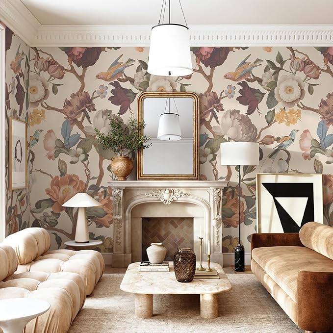 Zeeko Beige Floral Mural Peel and Stick Wallpaper Removable Vintage Wallpaper Large Art Decor for Bedroom Livingroom Home 118'' x 65''