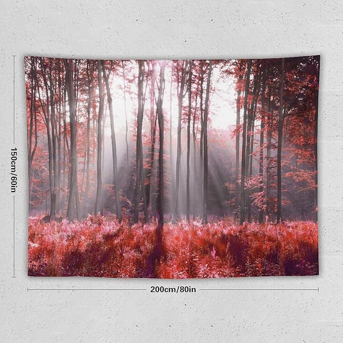ZhiRain Red Forest Tapestry Wall Hanging Season Foggy Nature And Enchanted Woods Wild Trees Print Tapestries Home Decor for Living Room Bedroom Apartment Farmhouse Dorm 60"x80"