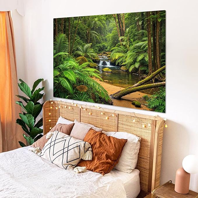 Zussun Nature Forest Tapestry Green Rainforest Tree Wall Tapestry for Bedroom Aesthetic Stream Landscape Small Tapestries Wall Hanging for Dorm Living Room Decor 48 x 36 Inch