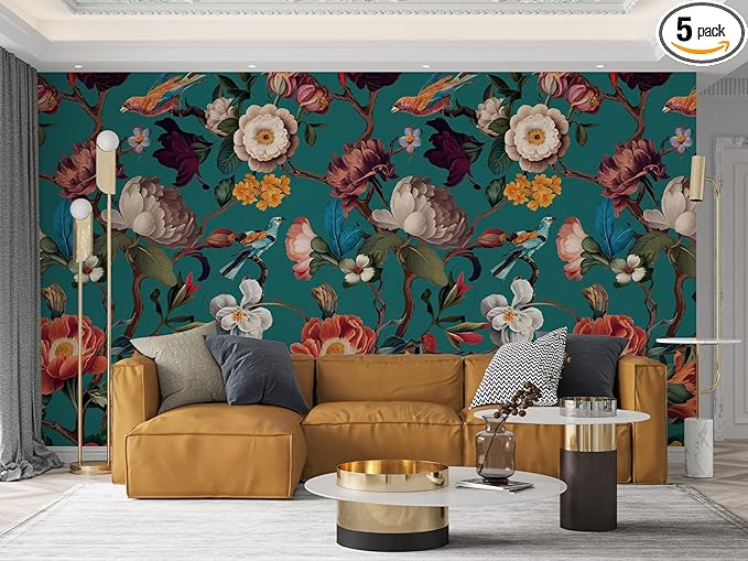 Zeeko Floral Wall Mural Peel and Stick Wallpaper 148" W x 98" H Removable Large Mural Vintage Wall Paper Self-Adhesive Wall Mural for Bedroom Livingroom Home Art Decor Dark Blue Mural Wallpaper