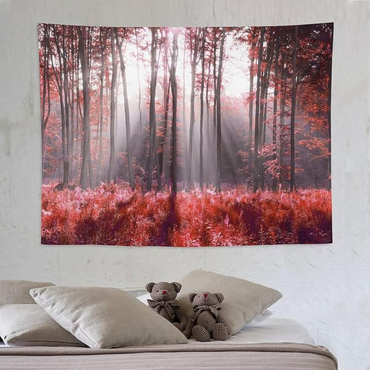 ZhiRain Red Forest Tapestry Wall Hanging Season Foggy Nature And Enchanted Woods Wild Trees Print Tapestries Home Decor for Living Room Bedroom Apartment Farmhouse Dorm 60"x80"