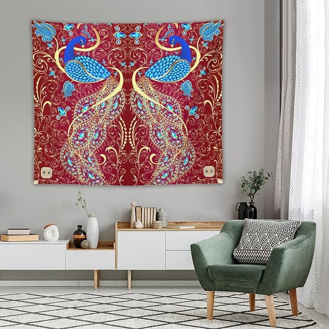 ZhiRain Peacock Ornament Tapestry Wall Hanging Golden Red Background Elegant Bohemian Style Tapestries Home Decor for Living Room Bedroom Farmhouse Apartment Dorm 50"x60"