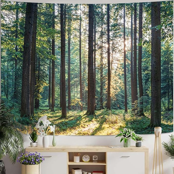 Zussun Nature Forest Tapestry Green Woodland Tree Wall Tapestry for Bedroom Aesthetic Sunshine Landscape Small Tapestries Wall Hanging for Dorm Living Room Decor 48 x 36 Inch