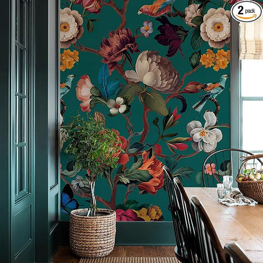 Zeeko Floral Peel and Stick Wallpaper Removable Mural Vintage Wallpaper (59" W x 98") Self-Adhesive Wall Mural for Bedroom Livingroom Home Art Decor, Blue