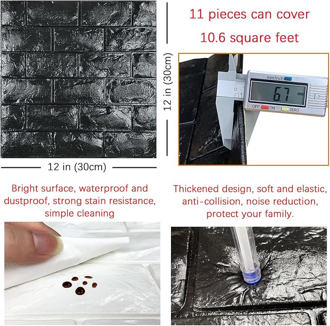 11PCS 3D Wall Panels Peel and Stick Faux Brick Wallpaper Black Self Adhesive Foam Brick Paneling Faux Stone Wall Panels (11PCS, Black)