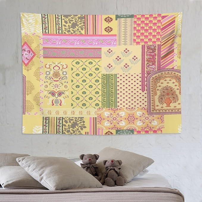 ZhiRain Patchwork Bohemian Tapestry Wall Hanging Colorful Boho Flower Floral Botanical Vintage Retro Indian Tapestries Home Decor for Living Room Bedroom Apartment Farmhouse Dorm 60"x80"