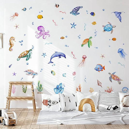 9 Sheets Under The Sea Wall Stickers Decals, ULENDIS Ocean Animal Sea Turtle Seaweed Whale Fish Wall Sticker, Removable Marine Themed Wall Decorations for Nursery Bedroom Bathroom Living Room