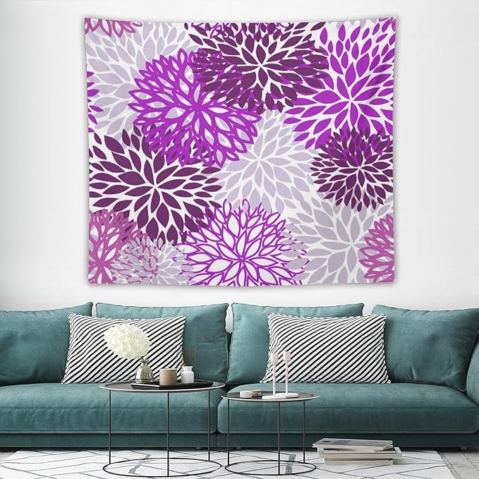 ZhiRain Dahlia Flower Tapestry Wall Hanging Purple Abstract Floral Chrisanthemum Pattern Tapestries Home Decor for Living Room Bedroom Farmhouse Apartment Dorm 50"x60"