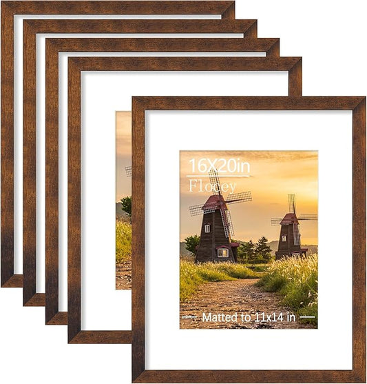 16x20 Picture Frame 5 Pack, Rustic Brown Poster Frame, Display Pictures 11 x 14 with Mat or 16 x 20 Without Mat for Horizontal or Vertical Wall Mounting, Wall Gallery Frame for Artwork Certificate