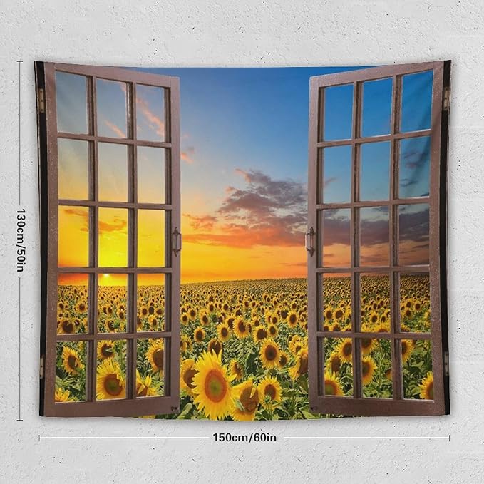 ZhiRain Sunflowers Scenery Tapestry Wall Hanging Through The Window Fields Sunset Landscape Tapestries Home Decor for Living Room Bedroom Apartment Farmhouse Dorm 50"x60"