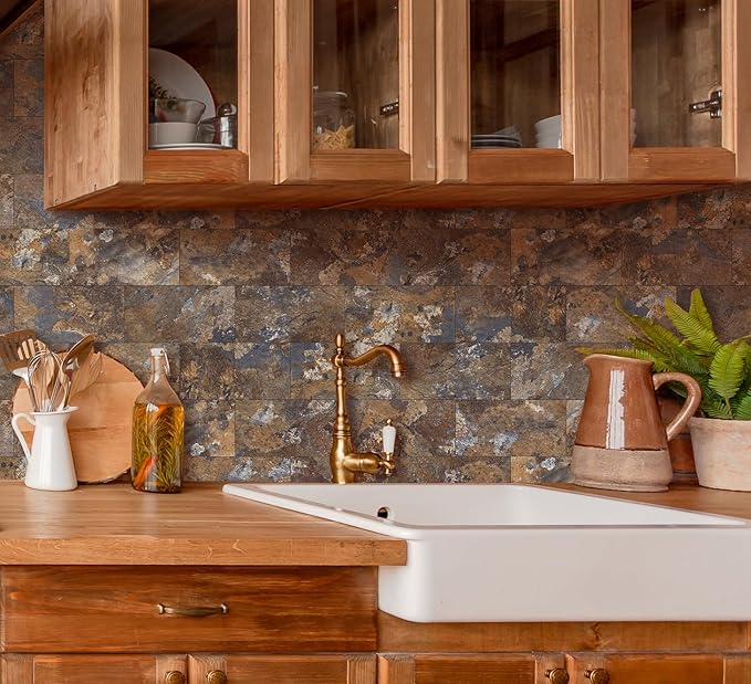 Yipscazo Peel and Stick backsplash 3 x 6 Inches 3D PVC Composite Wall Tile Stick on Backsplash Tile for Kitchen Bathroom, Laundry Room, Fireplace(Rust-Slate, 100 Pieces)