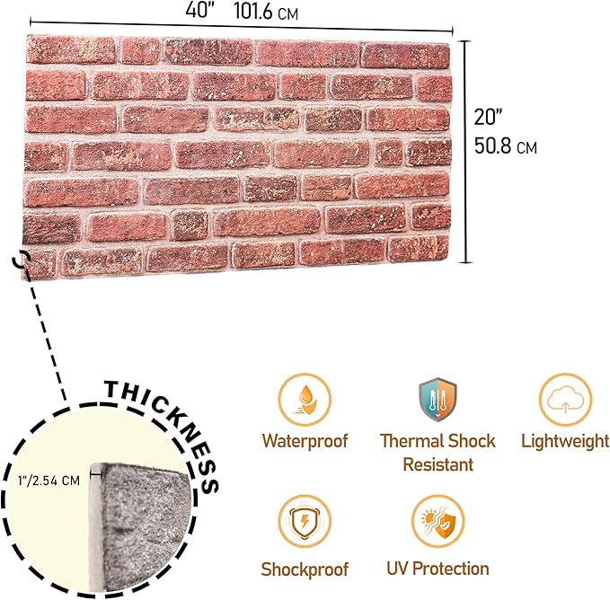 3D Faux Brick Wall Panels – Lightweight Styrofoam Cladding for Interior & Exterior Use | DIY Decorative Panels | 9 Pack (40"x20") | Ideal for Living Room, Kitchen, Outdoor Walls Vermilion