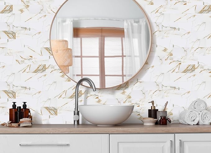 Yipscazo Peel and Stick backsplash 3 x 6 Inches 3D PVC Composite Wall Tile Stick on Backsplash Tile for Kitchen Bathroom, Laundry Room, Fireplace(Cala with Gold, 160 Pieces)