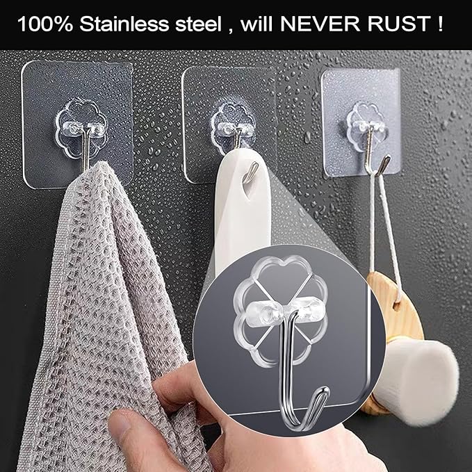 ZESLMG Adhesive Wall Hooks for Hanging, 32 Pack Self Sticky Hooks Heavy Duty 22lb Clear, Removable Shower Hook No Damage for Towel Key Coat Wreath Picture Outdoor Ceiling Bathroom Kitchen, Waterproof