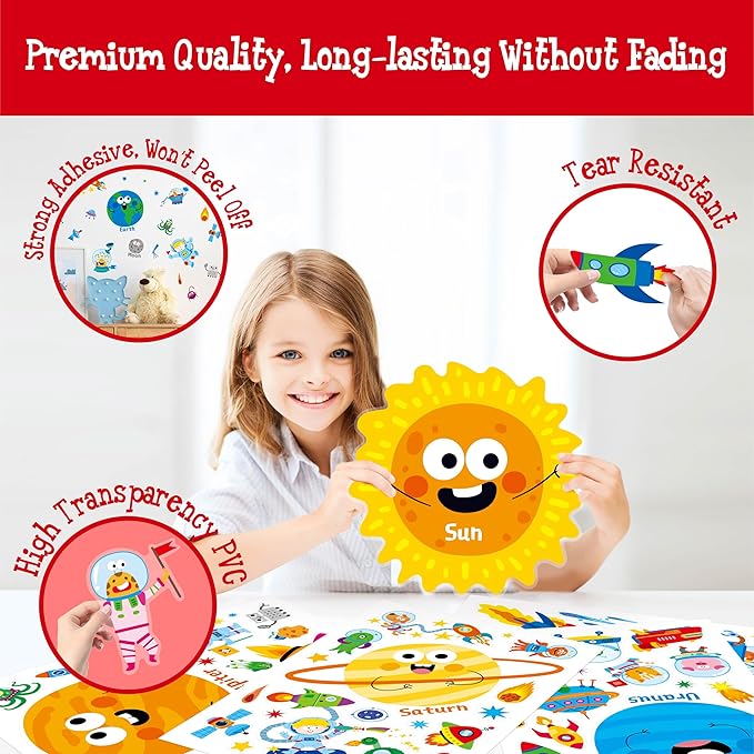 142 PCS Outer Space Wall Decals, Self-Adhesive Vinyl Stickers, Universe Solar System, Planets, Astronauts, Rocket, Aliens, Stars, Colorful Wall Decors for Kids Room, Playroom, Classroom